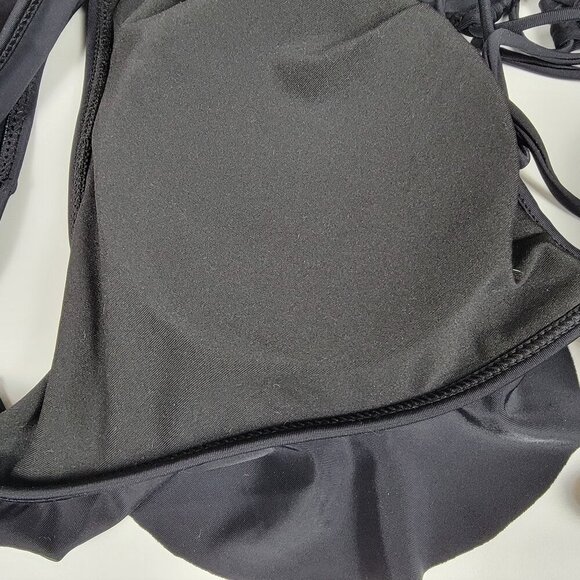 Summer Mac Swim Top Size L Black Lace Up Back  Ruffle Trim Removable Pads - Picture 8 of 10